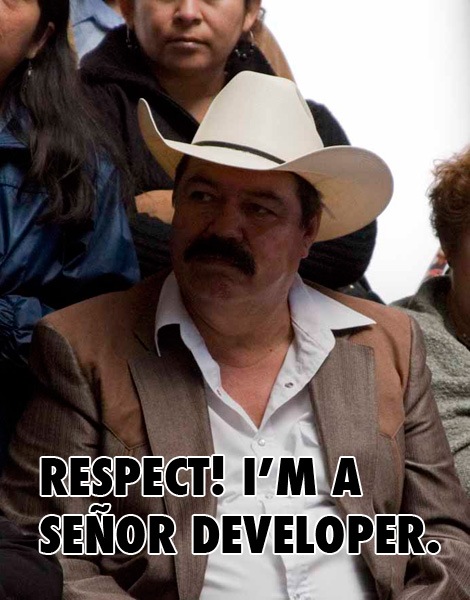 Foto de um fazendeiro mexicano usando chapeu e com um bigode bem grosso com a legenda "Respect! I'm a señor developer"