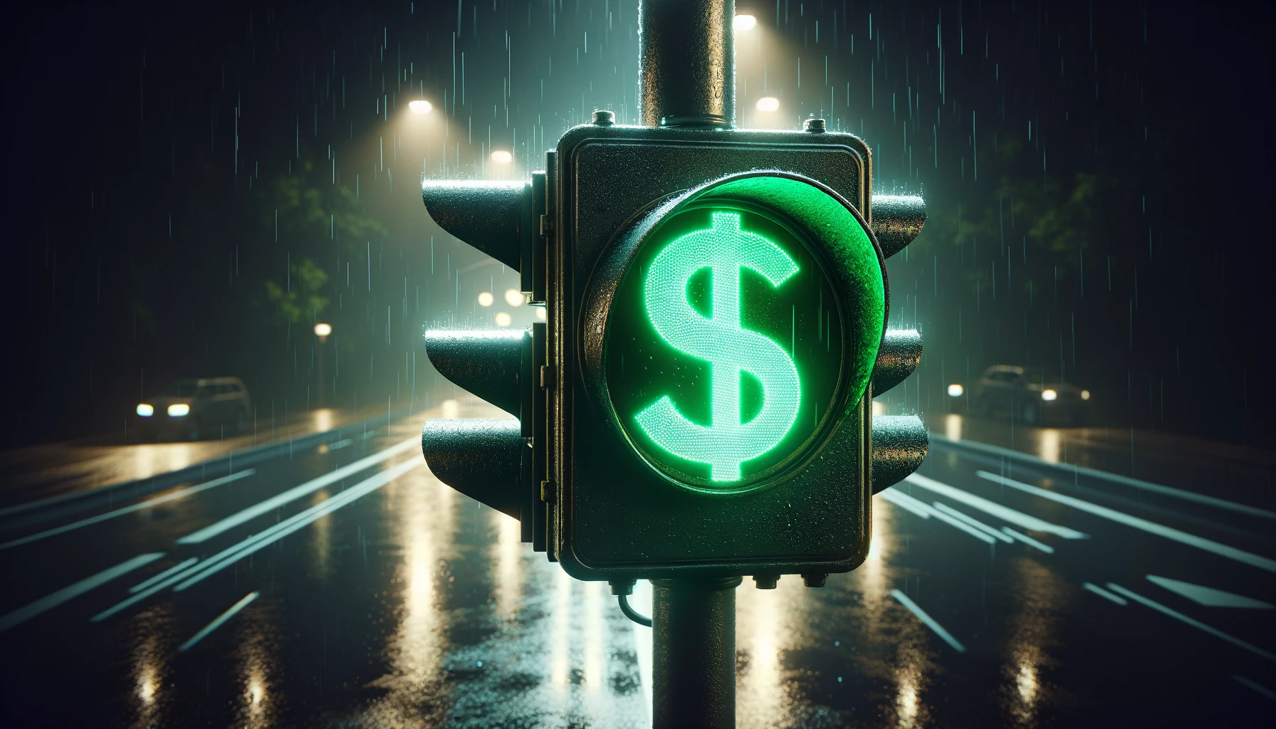 Ilustração de um semáforo de trânsito com um "$" na luz verde acesa.